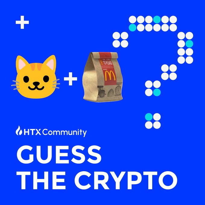 A blue background displays a "Guess the Crypto" puzzle by HTX Community, featuring a cat emoji plus a McDonald's bag that spells out a dotted question mark, challenging viewers to decode the imagery into a cryptocurrency name.