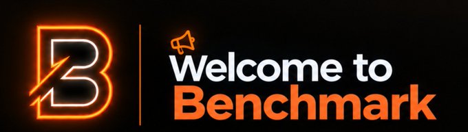 A dark promotional banner with a glowing neon orange "B" logo on the left and white text reading "Welcome to Benchmark" with a megaphone icon, likely for a cryptocurrency or financial project.