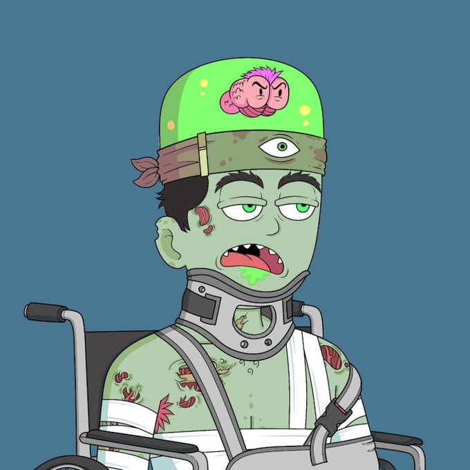 A cartoon illustration of a green-skinned zombie character with a third eye on a headband, a brain on top of his head, wearing a neck brace and sitting in a wheelchair.