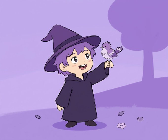 A cartoon illustration of a young wizard with purple hair and a pointed hat smiling as a small purple bird perches on his outstretched finger, set against a purple background with a tree silhouette.