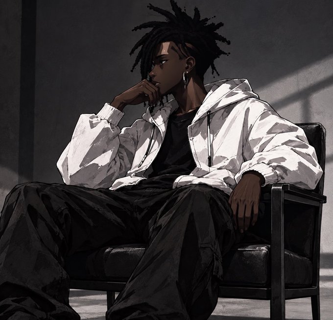 An anime illustration depicts a young Black man with dreadlocks, wearing a white jacket over a black shirt, sitting thoughtfully in a chair.