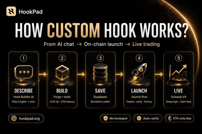 A promotional infographic titled 'HOW CUSTOM HOOK WORKS?' for HookPad (hookpad.org), showing a 5-step process from AI chat to on-chain launch to live trading, with steps labeled Describe, Build, Save, Launch, and Live.