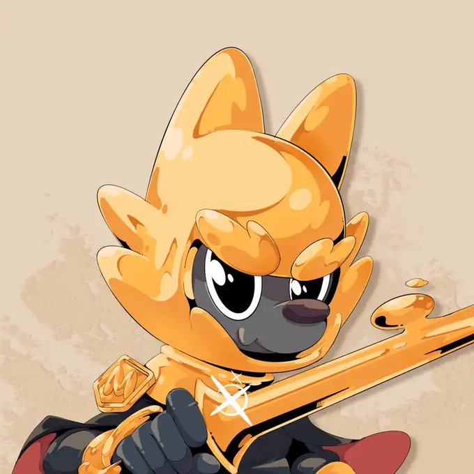 An illustration of an anthropomorphic golden dog-like character wielding a sword.