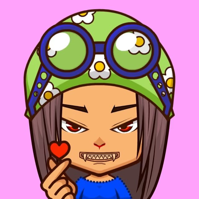 A cartoon character avatar of a girl wearing green goggles and a matching hat decorated with fried eggs, baring sharp teeth and holding up a small red heart against a pink background.