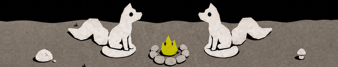 Two white foxes sit across from each other beside a small campfire ringed with stones, set against a gray landscape scattered with mushrooms. The illustration reflects Fables' whimsical art style and brand identity that the post celebrates.