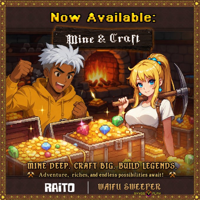 The image features a man and woman standing next to each other, with a chest full of gold coins between them. The text above the couple reads "mine deep, craft big, build legends. adventure, riches, and endless possibilities await @WAIFUWEPER". This suggests that the post is promoting an online game or activity related to mining for treasure.