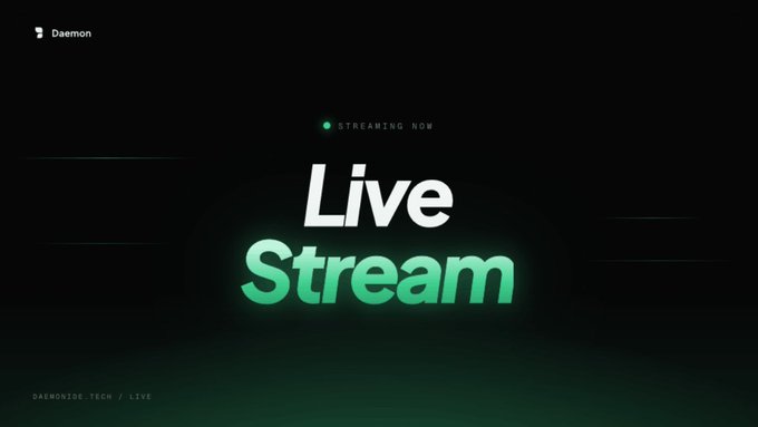 A sleek, dark-themed "Live Stream" announcement graphic featuring "Streaming Now" text and "Daemon" branding, promoting an upcoming real-time demonstration of building a Solana ecosystem game using the Daemon platform.