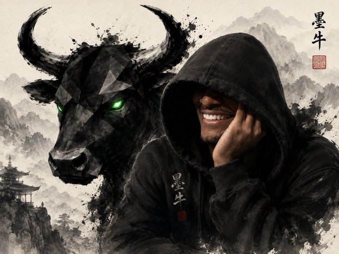 A young man in a black hoodie smiles broadly beside a geometric, glowing-eyed black bull rendered in ink-wash style, with Chinese characters "墨牛" (meaning "Ink Bull") and a pagoda set against misty mountains. The image ties to the post's reference to "$Dealer lows" through its bullish imagery and the Chinese seal/character for "bull" (牛), symbolizing strength and optimism for the $DEALER token.