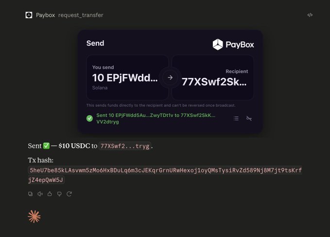 A Paybox `request_transfer` confirmation showing 10 USDC (EPjFWdd5...) sent on Solana to recipient address 77XSwf2SkK..., with transaction hash 5heU7be85kLAsvwm5zMo6HxBDuLq6m3cJEKqrGrnURwHexoj1oyQMsTysiRvZd589Nj8M7jt9tsKrffj24epQwW5J, linking to the caption "you just got PayBox'd @chudaiweb3."