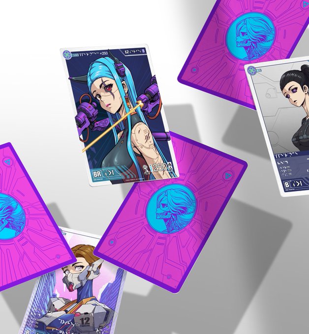 A collection of vibrant anime-style trading cards with purple backing cards featuring character portraits floats against a gray background.