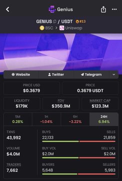 A mobile app screen showing cryptocurrency data for the 'Genius' token (USDT pair), displaying metrics such as a price of $0.3679, $79K liquidity, a $350.9M FDV, and a market cap of $123.3M.