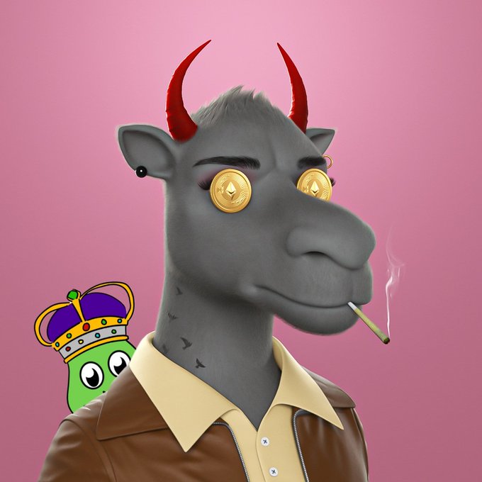 A 3D-rendered gray goat character with red horns and gold coins for eyes smokes a cigarette, wearing a brown leather jacket, with a small green crowned creature on its shoulder.