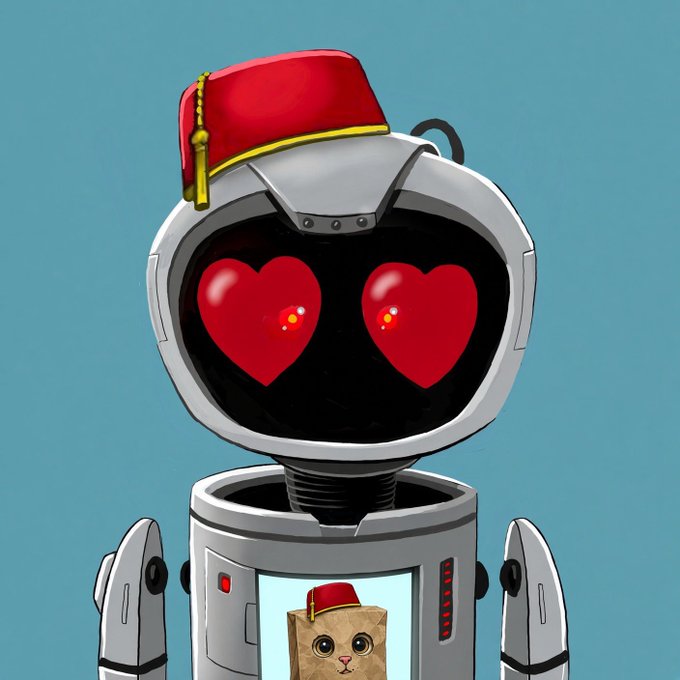 A robot with heart-shaped eyes wears a red fez and displays a cat wearing a matching fez on its chest screen, embodying the enthusiastic, community-driven "buy the cat" spirit of memecoin culture.