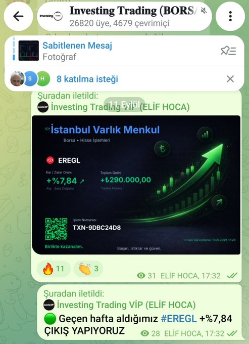 Telegram channel screenshot for 'Investing Trading (BORS)' showing a pinned message about EREGL stock with +%7,84 gain and ₺290.000,00 profit.
