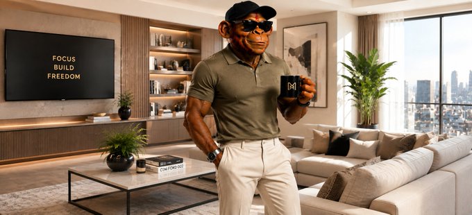 A confident man in a cap and sunglasses stands in a modern, upscale living room holding a coffee mug, with a wall-mounted TV displaying "FOCUS BUILD FREEDOM" beside a coffee table labeled "IGNITED." The image reinforces the post's message of patience and readiness, symbolizing the calm, disciplined mindset needed while waiting for the next market opportunity to emerge.