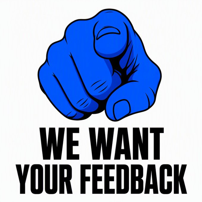 A blue cartoon fist points downward at bold black text reading "WE WANT YOUR FEEDBACK," visually reinforcing the post's call for developer input on Base's new tools, services, and credits package designed to simplify and accelerate building on the platform.