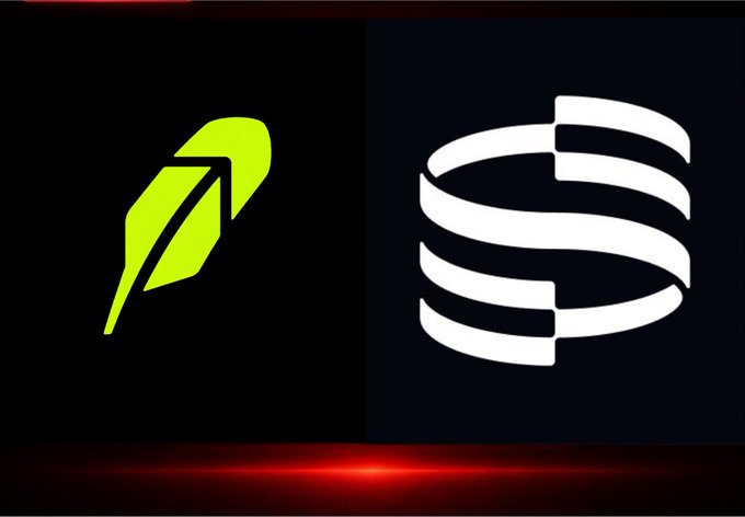 A side-by-side comparison graphic featuring a neon green leaf logo and a white stacked-disc logo against a dark background, with a red glow at the bottom.