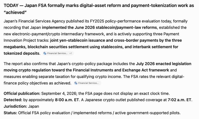 A screenshot of an FSA policy announcement showing Japan has formally marked its digital-asset reforms—including stablecoins, tokenized deposits, blockchain securities settlement, and cross-border payment pilots by Japan's three megabanks—as "achieved," supporting the accompanying post's claim that Japan is moving beyond testing tokenization concepts.