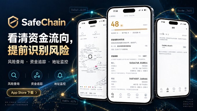 A promotional image for "SafeChain" featuring the Chinese tagline "看清资金流向，提前识别风险" (See the direction of capital flow and identify risks in advance), showcasing three iPhones displaying a blockchain analytics app with risk scores (48), address details (e.g., "0xc3a7...9c2f"), and transaction flow visualizations against a cosmic network background. The image visually reinforces the post's message by illustrating how SafeChain breaks down complex on-chain transaction chains into clear graphs with risk indicators, helping users trace fund movements, monitor addresses, and assess security before engaging in transactions.