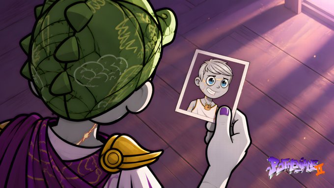A digital illustration of a character with green spiky hair wearing a purple cape, holding up a polaroid photo of a smiling boy with white hair. The text 'BATHINDA II' is visible in the corner.