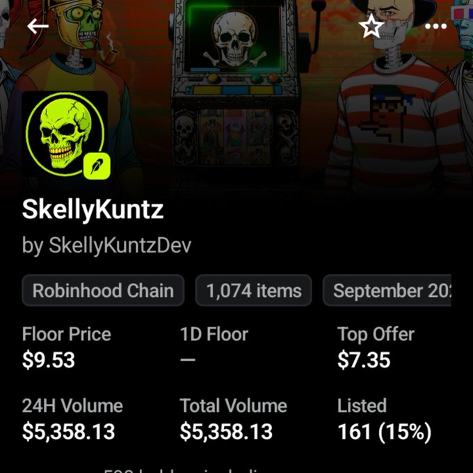 An NFT collection page on Robinhood Chain for SkellyKuntz by SkellyKuntzDev, showing 1,074 items with a floor price of $9.53 and a top offer of $7.35.