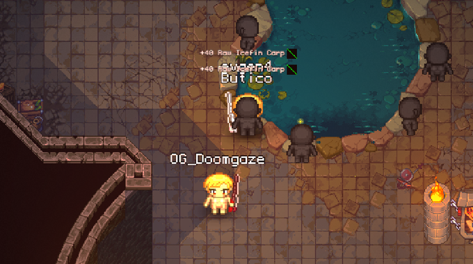 A screenshot from a 2D pixel-art multiplayer online game showing characters named 'QG_Doomgaze' and 'Eutico' standing near a body of water with loot text floating above indicating items like '+40 Raw Icefin Carp'.