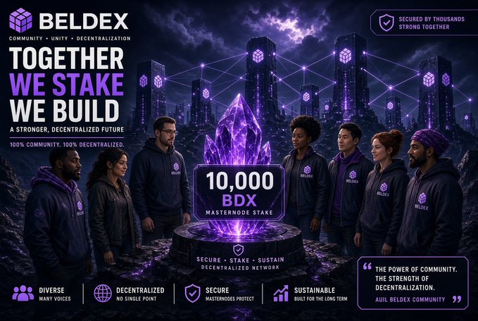A promotional banner for 'BELDEX' cryptocurrency featuring the text 'TOGETHER WE STAKE WE BUILD' and '10,000 BDX MASTERNODE STAKE' with a group of people standing around a glowing purple crystal.