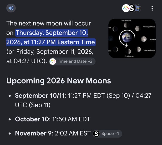A digital assistant response displays information about an upcoming new moon on Thursday, September 10, 2026, at 11:27 PM Eastern Time, with citations from Time and Date and Space.