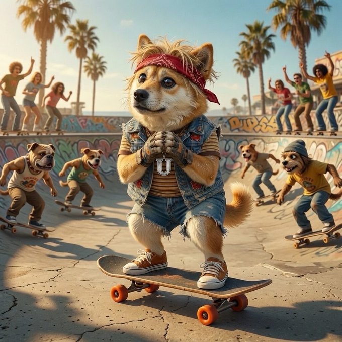 An anthropomorphic dog wearing a red bandana, denim vest, and shorts stands on a skateboard at a graffiti-covered skate park, with other skateboarding dogs and cheering people in the background.