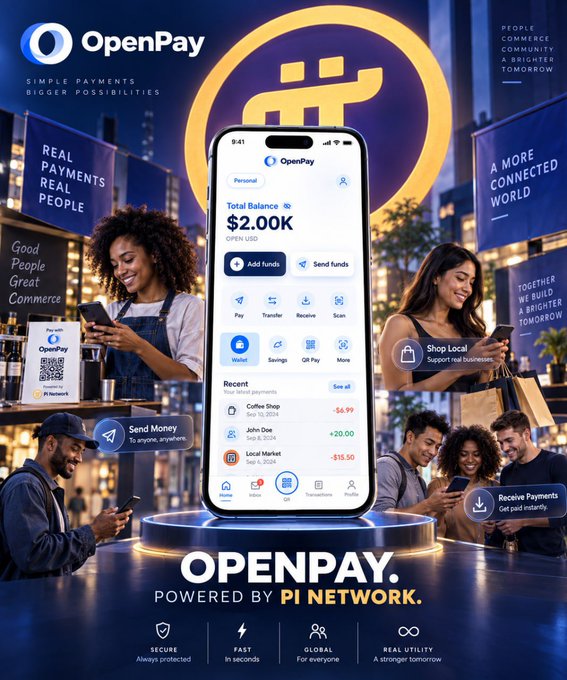 A promotional advertisement for 'OpenPay' payment app, displaying a smartphone with a $2.00K balance and features like Pay, Transfer, and Receive, with the tagline 'OPENPAY. POWERED BY PI NETWORK.'