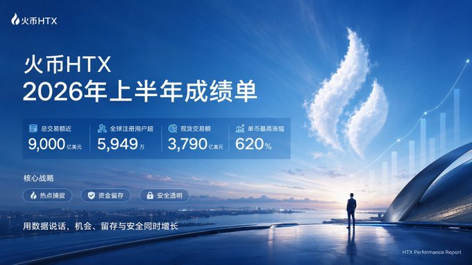 This HTX Performance Report for H1 2026 highlights 9,000 billion USD in total trading volume, 59.49 million global registered users, and 3,790 billion USD in spot trading volume, reflecting a commitment to steady growth and trust.