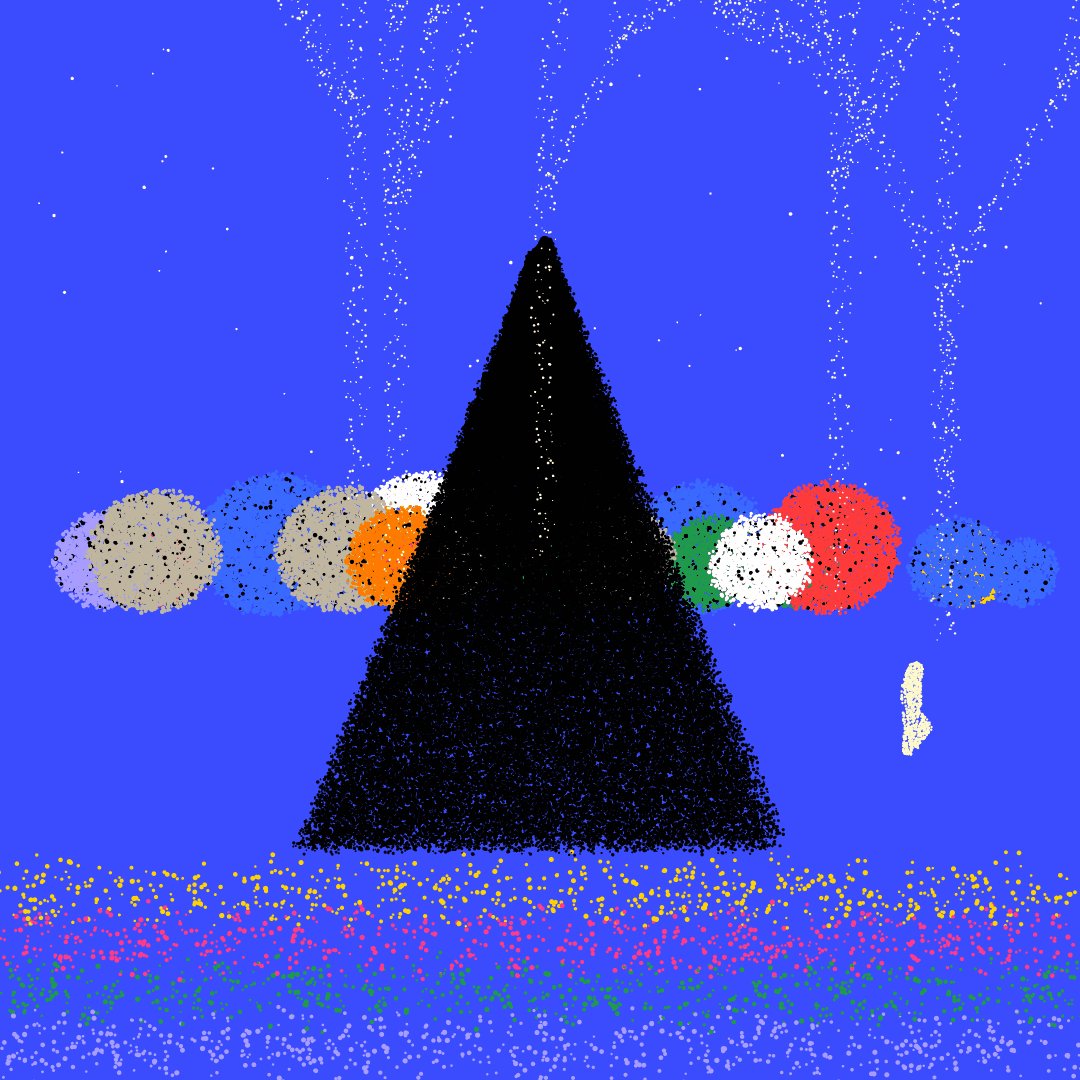 The image features a large, black triangle-shaped structure with a smaller triangle at its base, set against a blue background speckled with white dots. The structure appears to be made of small circles or dots, giving it an abstract appearance. The caption "polka garden" is written in the bottom right corner of the image.