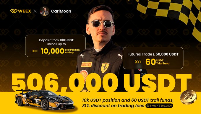 A promotional banner for a crypto exchange partnership between WEEX and CarlMoon featuring a racing driver in sunglasses, offering a 506,000 USDT prize pool, a 10,000 USDT BTC Position Airdrop, and a 60 USDT Futures Trade Trial fund, ending Sep. 3.