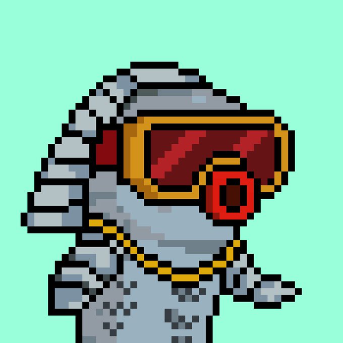 A pixel art illustration of a blue dinosaur-like character wearing red sunglasses and a gold chain, set against a teal background.