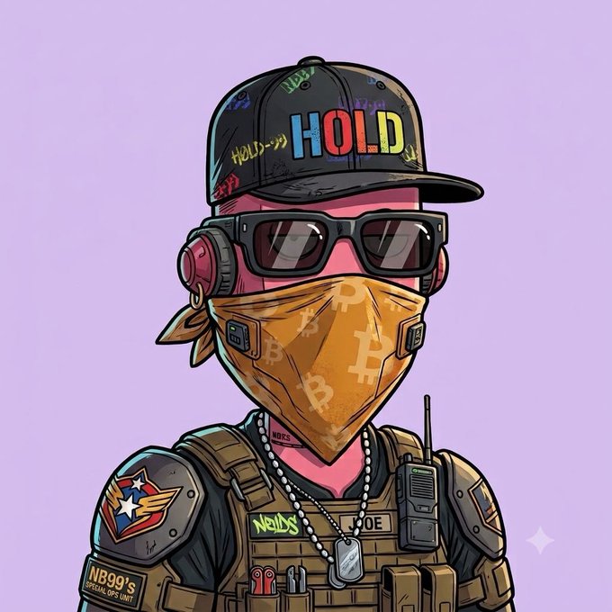 A stylized cartoon character wearing tactical gear, a "HOLD" cap, sunglasses, and a Bitcoin-patterned face mask stands against a lavender background, with patches reading "NB99's Special Ops Unit" and dog tags labeled "NGRS" and "OE." The "HOLD" and Bitcoin imagery tie into the "gm nfts" post by symbolizing crypto HODLing culture and NFT community pride.