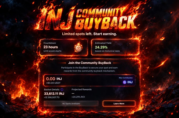 A promotional graphic for an 'INJ COMMUNITY BUYBACK' event featuring a fiery lava-themed background, showing a countdown of 23 hours, an estimated yield of 24.29%, and noting that no spots are available.