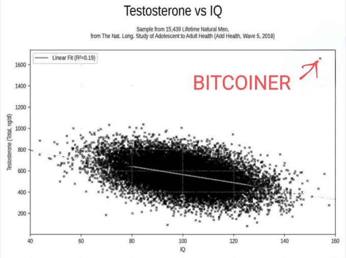 The image is a scatter plot titled "Testosterone vs IQ" showing data from 15,439 men in The National Longitudinal Study of Adolescent to Adult Health (Add Health, Wave 5, 2018), with a downward-sloping linear fit (R²=0.19) indicating a slight negative correlation between IQ and testosterone levels.

The meme humorously labels the high-IQ outlier point at the top right as "BITCOINER," implying that the lone family member who bought Bitcoin at $20k is exceptionally intelligent — playing on the stereotype that Bitcoin investors are rare, brilliant outliers compared to the rest of the family who didn't listen.