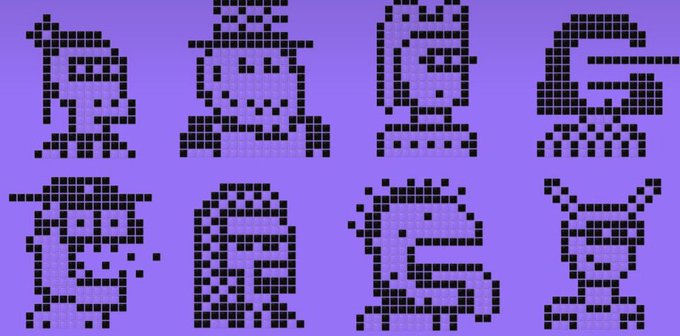 Eight pixel-art style character icons displayed on a purple background, each composed of black and lighter purple squares.