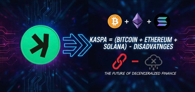 A graphic with text reads "KASPA = (BITCOIN + ETHEREUM + SOLANA) - DISADVATNGES THE FUTURE OF DECENCERLIZED FINANCE" alongside cryptocurrency logos.
