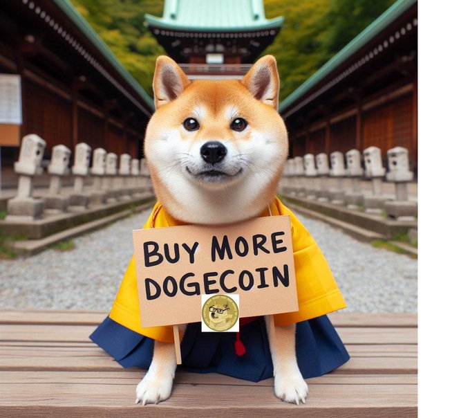 AI-generated image of a Shiba Inu dog wearing a yellow monk robe, holding a "Buy More Dogecoin" cardboard sign at a Japanese temple with a Dogecoin coin attached.