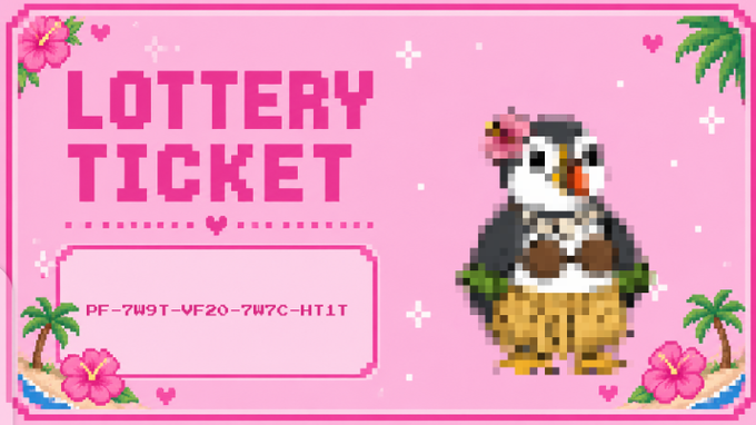 A pixel art illustration of a penguin hula dancer on a pink Tropical-themed lottery ticket with the code PF-7W9T-VF20-7W7C-HT1T.