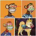 The image shows four cartoon-style mutant ape characters, each with distinct colorful designs and exaggerated facial features, arranged in a 2x2 grid. These appear to be the "1st MAYC" (Mutant Ape Yacht Club) NFTs referenced in the post, showcasing examples from the collection's various trait variations and rarity tiers.