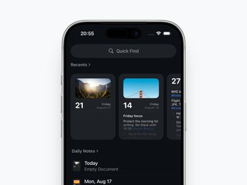 An iPhone screenshot showing the Photos app's Quick Find search interface with recent images and a Friday beach notification for August 14, with the time displayed as 20:55.