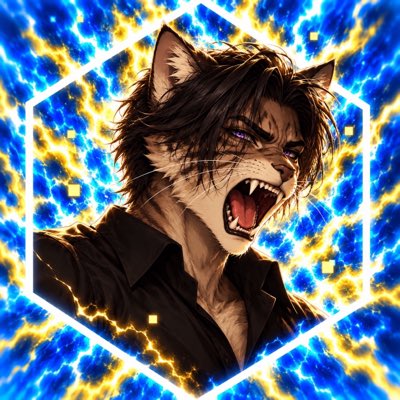 An anime-style illustration of a snarling character with cat ears and fangs, surrounded by blue and yellow lightning effects within a hexagonal frame.