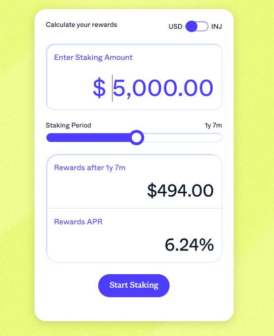The image displays an excel spreadsheet or calculator that allows users to stake money into Bitcoin, with a specific focus on "start staking" using the $INJ currency. Staking for $INJ is presented as a viable way to earn passive income in a digital age where traditional financial systems seem less secure than ever before. The image also includes text prompting the user to enter their stake amount and target staking period, encouraging them to consider investing in Bitcoin and potentially growing their wealth over time through smart investments and cryptocurrency trends.