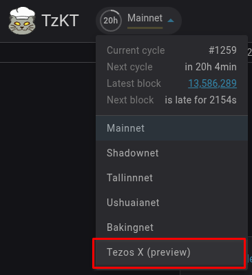 The image shows a computer screen with a menu bar at the bottom, featuring a "Tezos X" option that says "Tezos X (preview)". The text below the menu bar indicates that this is a TezosX review or update for Bitcoin.