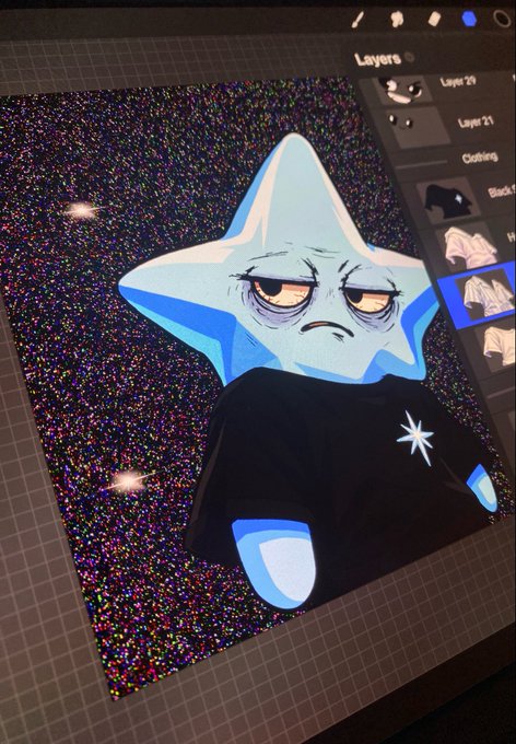 A digital drawing on a tablet screen showing a sad-looking blue star character wearing a black shirt against a starry background, with a layers panel visible on the right side.