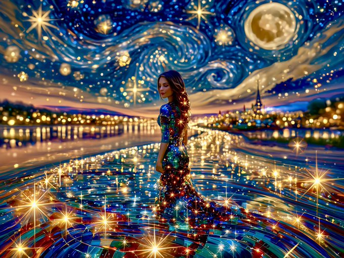 A digital artwork in the style of Van Gogh's 'Starry Night' shows a woman in a sparkling dress standing in a reflective river under a swirling, luminous sky.
