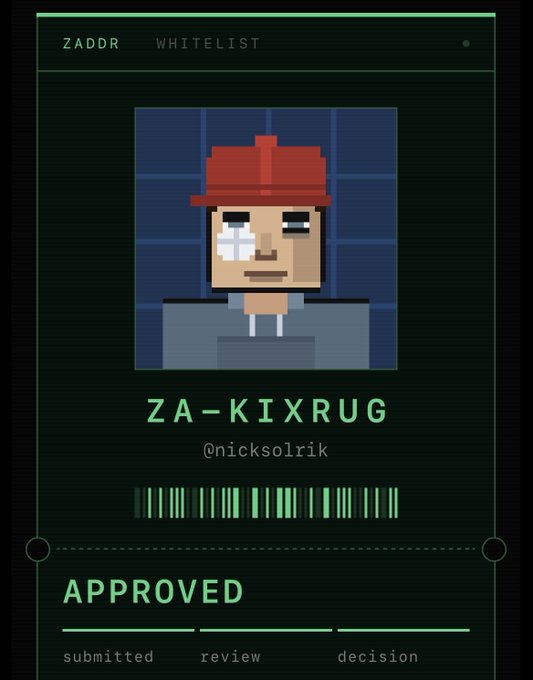 A digital whitelist approval card displaying a pixel art character with a red hat, labeled 'ZA-KIXRUG' (@nicksolrik) and marked 'APPROVED' with a green barcode.