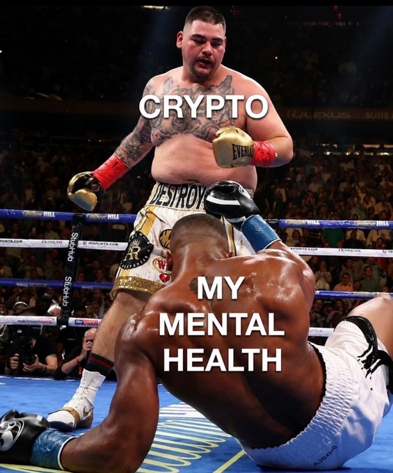 A meme showing a boxing match with "CRYPTO" labeled on the standing fighter Andy Ruiz Jr. (wearing "DESTROYER" trunks) and "MY MENTAL HEALTH" labeled on the fallen opponent on the mat, humorously suggesting crypto's dominance over mental wellbeing.
